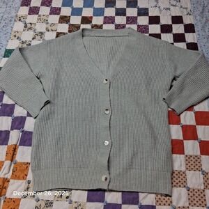 Ribbed Knit V Neck Cardigan Gray Sweater Womens size Medium Oversized
